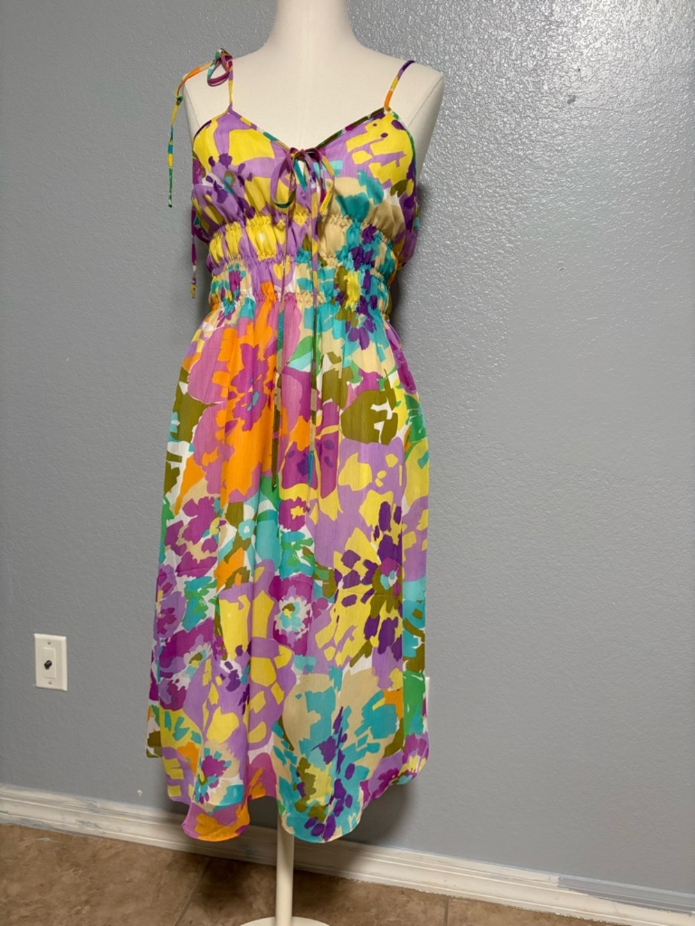 Multicolor Floral Spaghetti-Strap Midi Dress